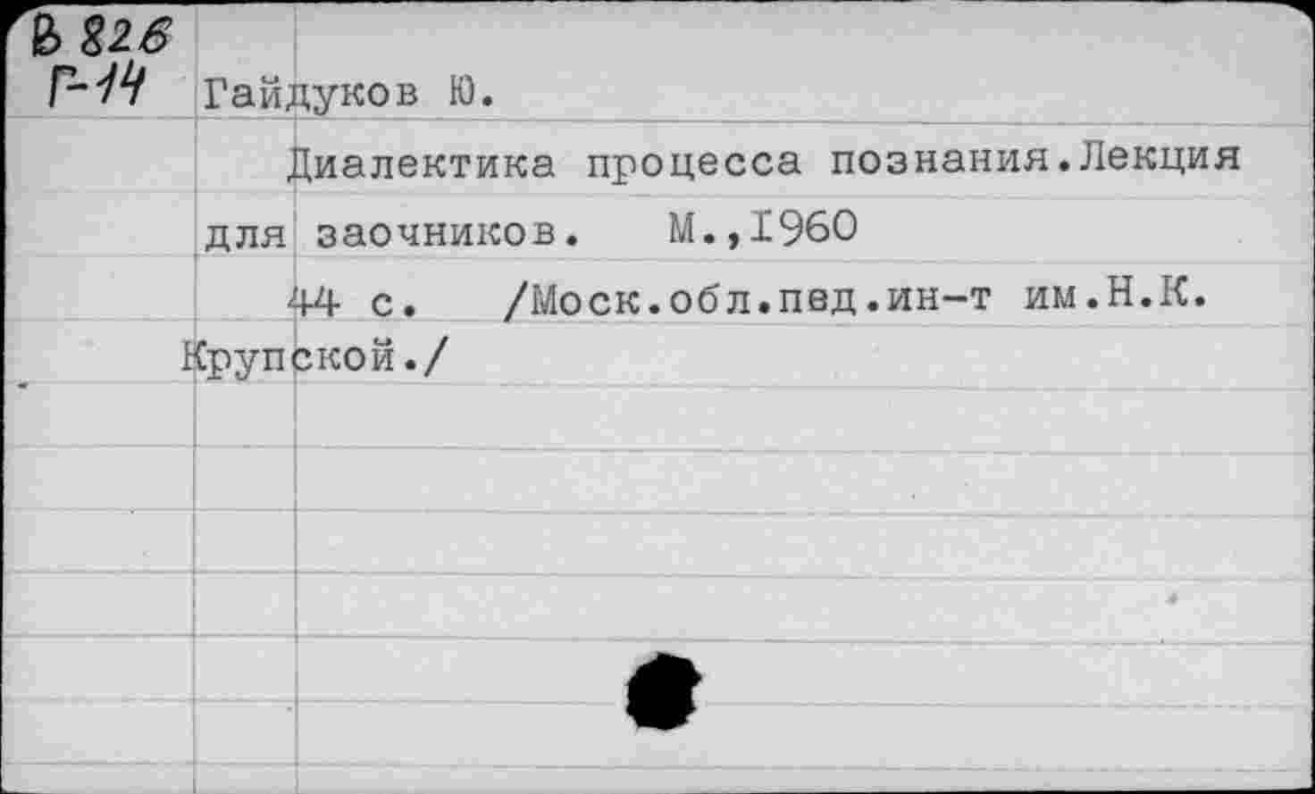 ﻿Гайдуков Ю.
		Диалектика процесса познания.Лекция
	ДЛЯ	заочников. М.,1960
		4	44 с. /Моск.обл.пед.ин-т им.Н.К.
	Срупской./	